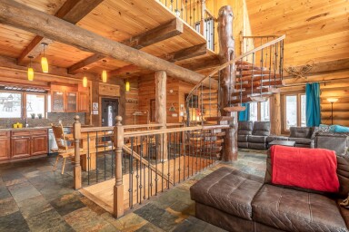 Cottage, Interior Design, Wood, Hardwood, Stained Wood, Living Room, Staircase