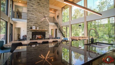 Québec, Indoors, Interior Design, Living Room, Dining Room, Staircase, Fireplace