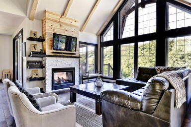Cottage, Interior Design, Living Room, Couch, Fireplace, Home Decor, Table