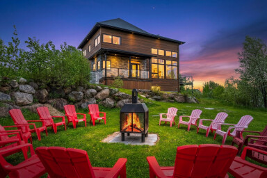 Cottage, Grass, Backyard, Chair, Shelter, Scenery, Fireplace