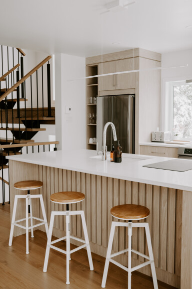 Cottage, Indoors, Interior Design, Bar Stool, Furniture, Staircase, Kitchen