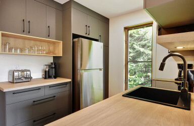 Cottage, Sink, Sink Faucet, Indoors, Interior Design, Refrigerator, Kitchen