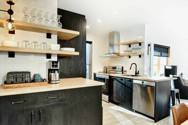 Cottage, Indoors, Interior Design, Kitchen, Chair, Furniture, Monitor