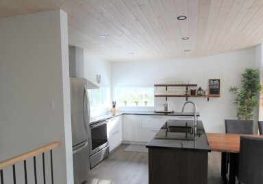 Cottage, Indoors, Interior Design, Kitchen, Wood, Refrigerator, Chair