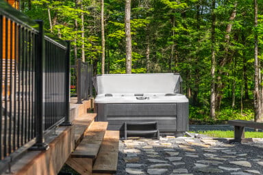 Chalet, Chemin, Passerelle, Baignoire, Dalle, Paysage, Bain À Remous