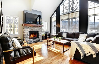 Chalet, Décoration D'intérieur, Design D'intérieur, Cheminée, Salon, Canapé, Plante