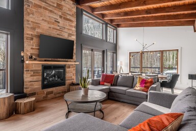 Cottage, Indoors, Interior Design, Home Decor, Living Room, Fireplace, Table