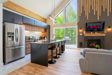 Chalet, Intérieur, Design D'intérieur, Cheminée, Cuisine, Bois, Îlot De Cuisine