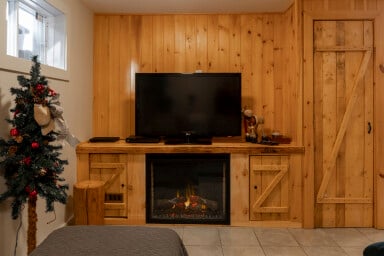 Chalet, Intérieur, Design D'intérieur, Cheminée, Moniteur, Écran, Bois